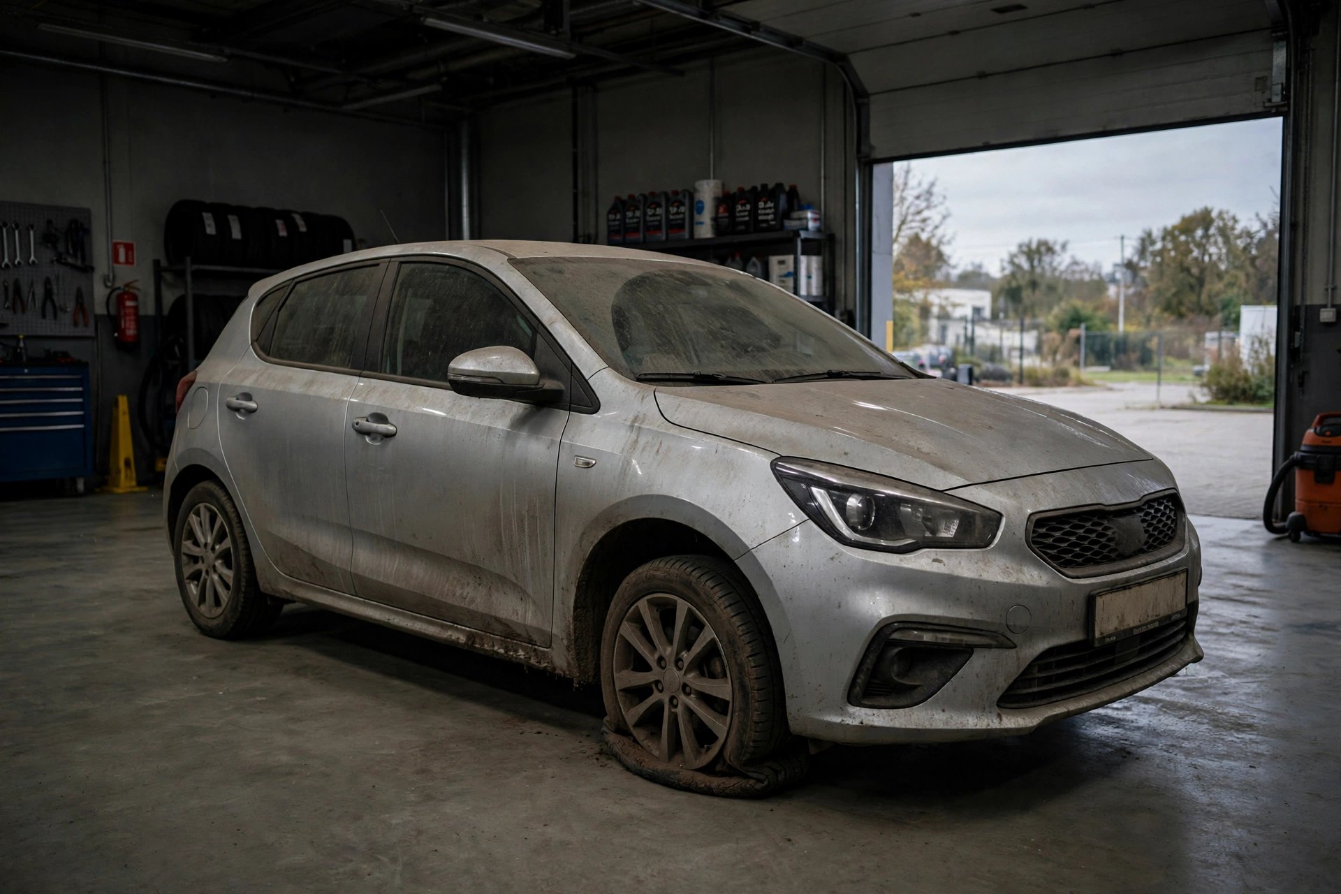 Dusty neglected vehicle in a workshop